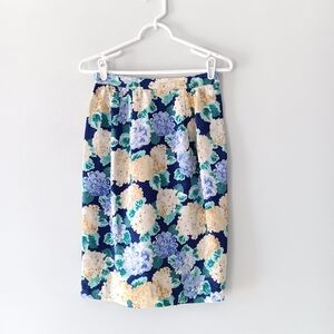 Vintage Adrianna Papell Silk Pencil Skirt Lined Hydrangea Floral Blue Yellow 8P